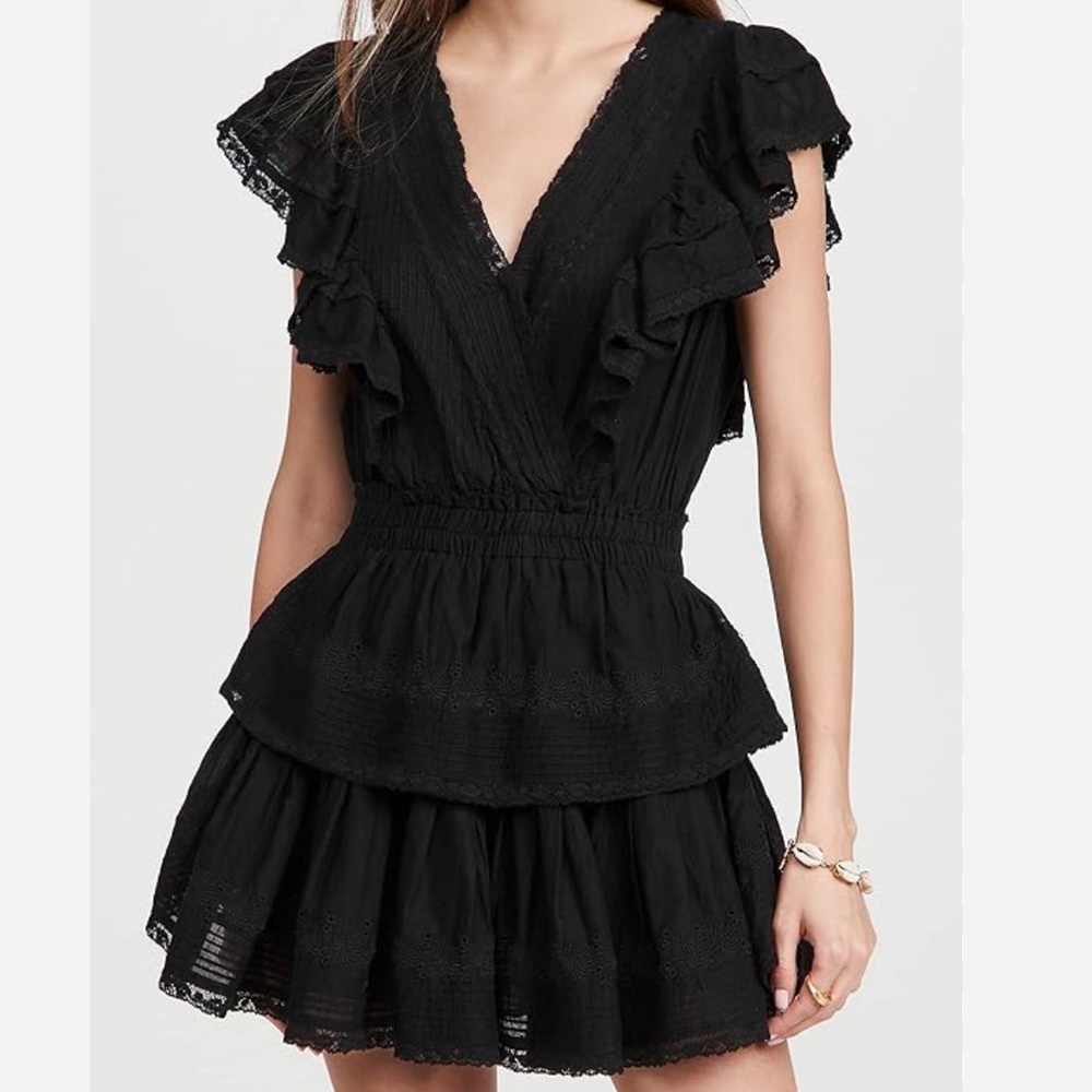 LoveShackFancy Gwen Dress size large Black Ruffled v neck
